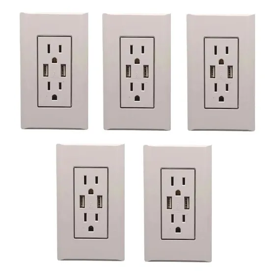 Paquete 5 Pz Contacto Duplex + 2 Tomas Usb 15 A Megaluz 2c2u