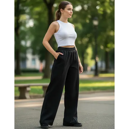Calça Pantalona Moletom Wide Leg Cintura Alta Bolso Casual