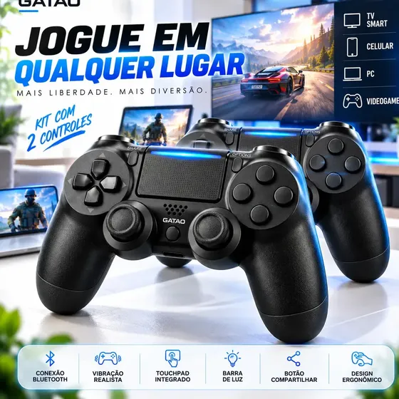 Kit 2 Controles Compatível Com PS4 Playstation 4 Sem Fio Bluetooth Joystick Gamepad Gamer Manete Com Vibração Touchpad Para Videogame PC Smart TV Celular Android iOS Preto Gatao