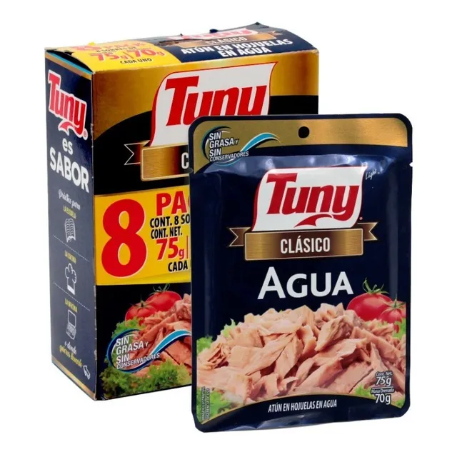 8 Pack Sobres De Atun En Hojuelas En Agua Tuny Clasico 75 G