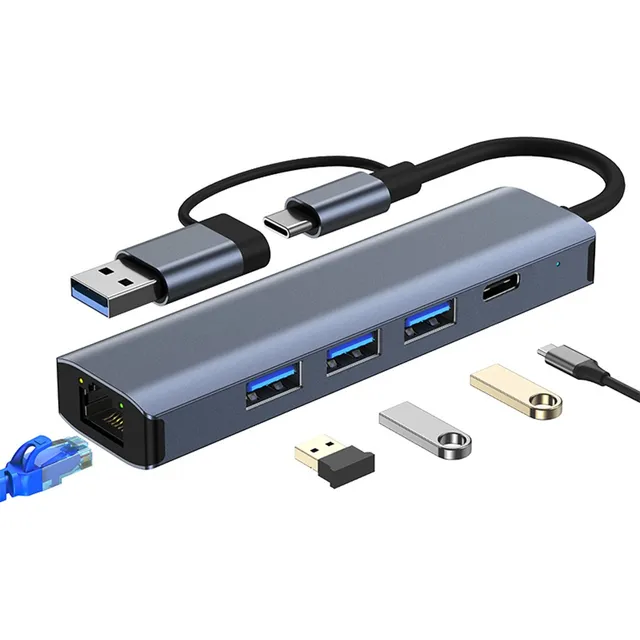 Hub Adaptador Usb C 5 En 2 Usb 3.0 Usb Tipo C Ethernet Rj45 