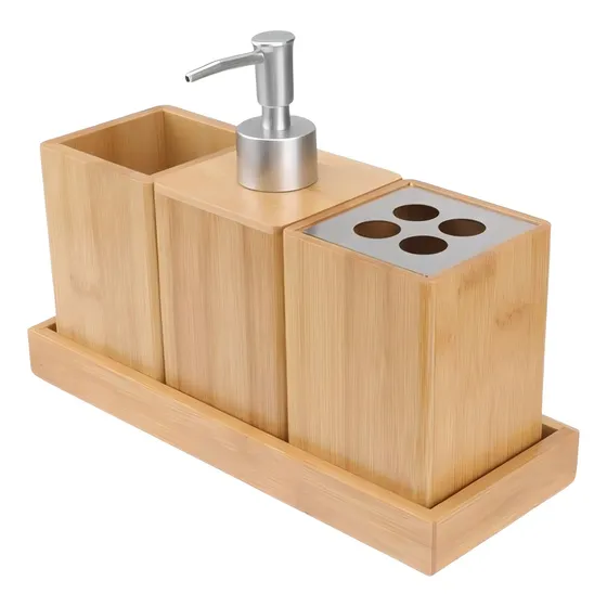 Kit Banheiro Lavabo Bambu Saboneteira Escova Dente Bandeja Cor Luxo Marrom