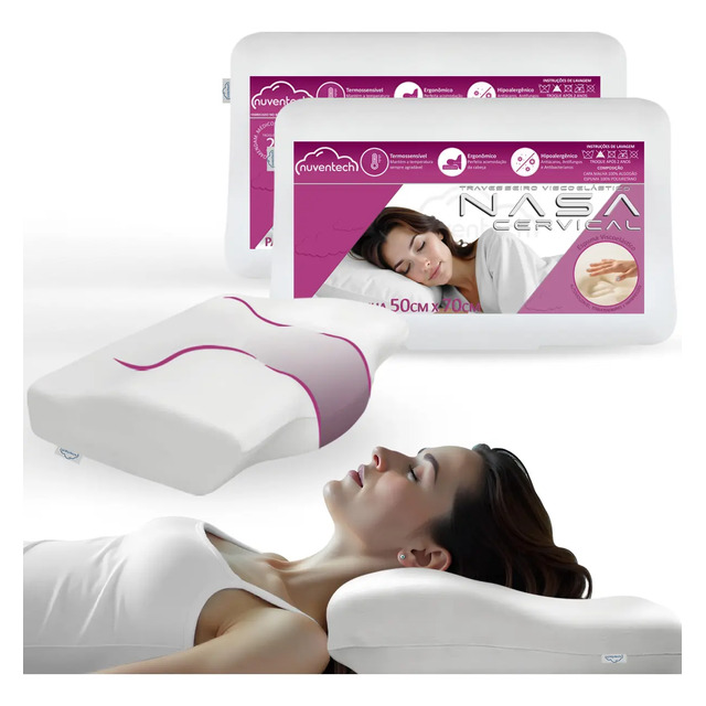 Kit com dois travesseiros Nasa Cervical da marca Nuventech, com design anatômico branco e embalagem ilustrada com uma mulher dormindo confortavelmente.