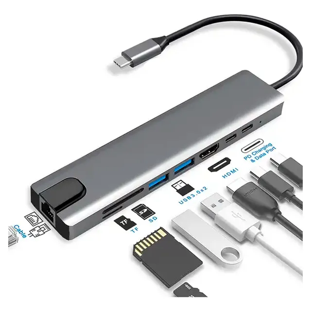 Hub Adaptador Usb C 8 En 1 Multipuerto Ethernet Concentrador Multiplicador Rj45 Aluminio