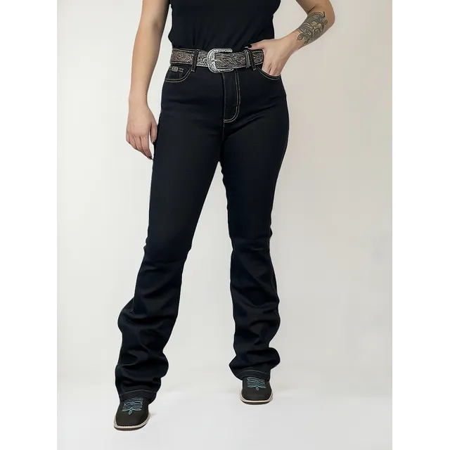 Calça Jeans Feminina Flare Elastano Cintura Alta Bootcut Top