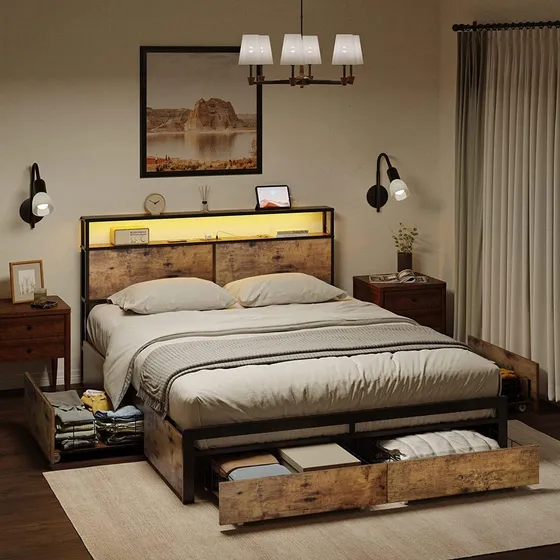 Base Cama Matrimonial Full Cabecera Puertos Usb Luces Led