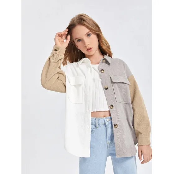 Shein Abrigo De Pana Para Niña En Tween Con Bloque De Color,