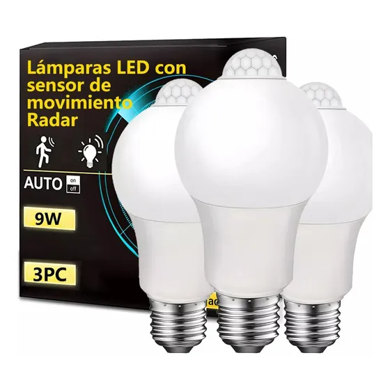 3 Focos Led 9w E27 Con Sensor Movimiento Ahorro Energético