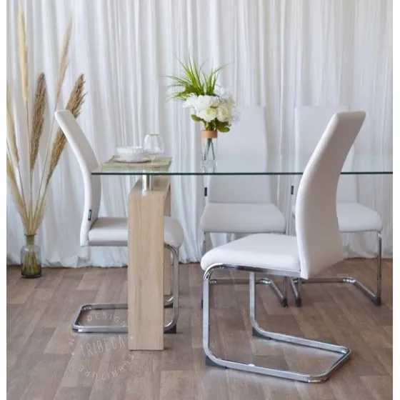 Juego Comedor Mesa Lounna 180cm + 4 Sillas Veneta Cromadas Color Blanco Diseño De La Tela De Las Sillas Liso