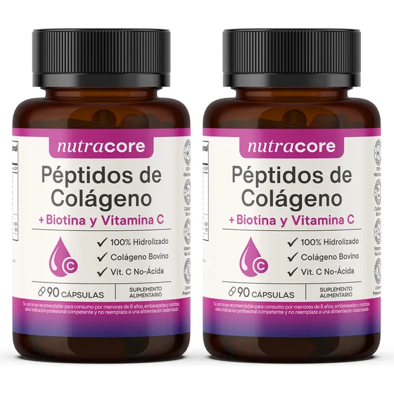 Péptidos De Colágeno Hidrolizado + Biotina y Vitamina C No-ácida - Pack 2x90 Cápsulas | NutraCore