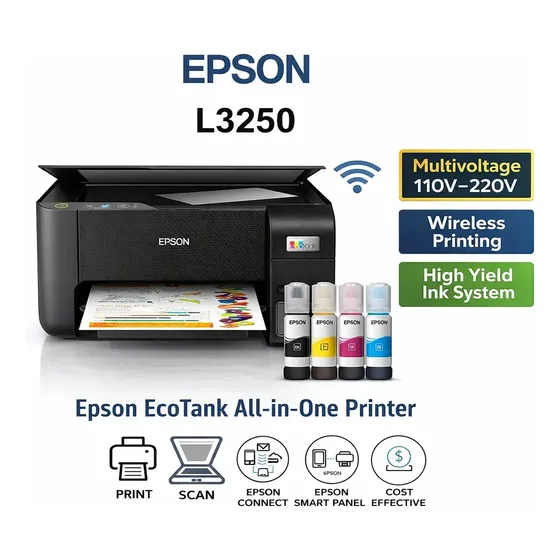 Impressora a jato de tinta multifuncional Epson EcoTank L3250, preta, C11CJ67301, Wi-Fi, USB, eficiência energética A+++, 5760x1440 dpi, 33 ppm, 15 ppm, capacidade de 100 folhas