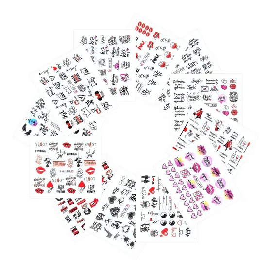 12 Hojas - Stickers Tatuajes Al Agua Uñas - Corazones Letras