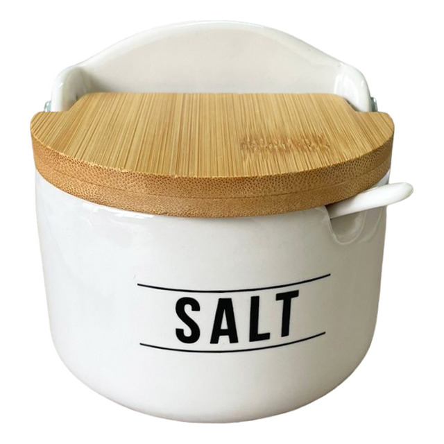 Saleiro De Mesa Em Porcelana Com Colher E Tampa De Bambu Bra Cor Branco Saleiro De Mesa Em Porcelana Com Colher E Tampa De Bambu Bra Cor Branco
