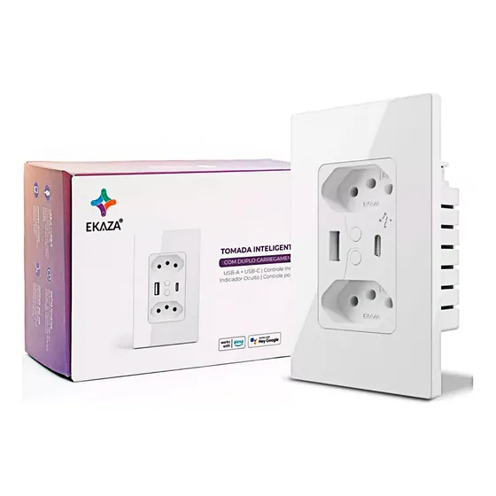 Tomada Inteligente Dupla 10a Wifi Usb+usb-c 4x2 Ekaza Alexa