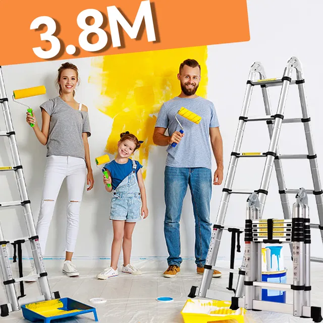 Escalera De Aluminio Tijera 3.8M Escalera Multiposiciones y Retractil Telescopica Escalera Telescópica Plegable De 13 peldaños Escalera Fácil De Guardar Capacidad De 330 Libras