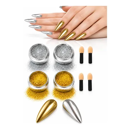 Kit Pó Cromado Para Unhas Prata E Dourado Efeito Espelho Branco