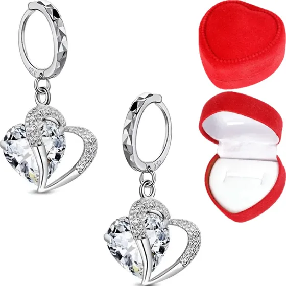 Pendientes Plata 925 Mujer Corazón Elegante Cristal Circón