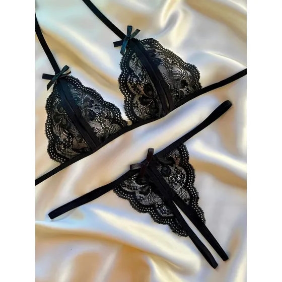 Conjunto Lencería Encaje Sexy Tanga Bralette Con Aberturas