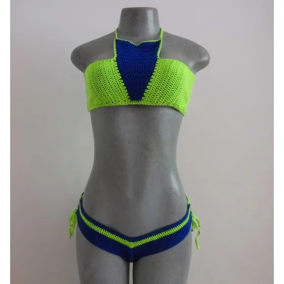 Biquini Tejido Panty Semi Hilo De Corte Bajo Y Top Halter