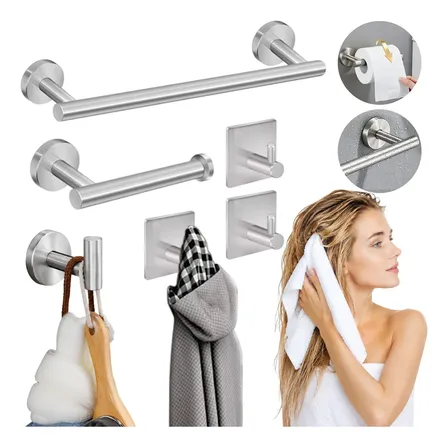 Kit 6 Acessórios Para Banheiro Toalheiro 304 Aço Inox 40cm Prata Escovada