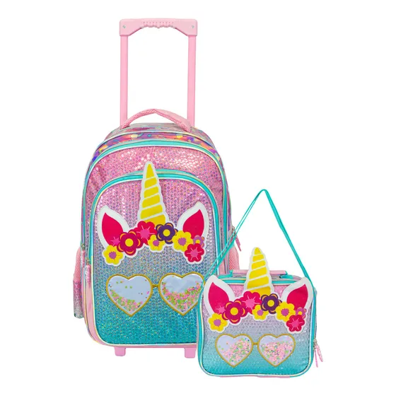Mochila Carrito Escolar + Lunchera T-go Para Nenas Unicornio Con Lentejuelas