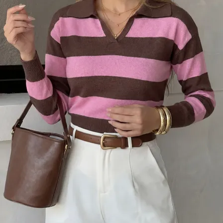 Blusa Listrada Feminina Suéter Trico Modal Manga Longa Moda Rosa/marrom Único