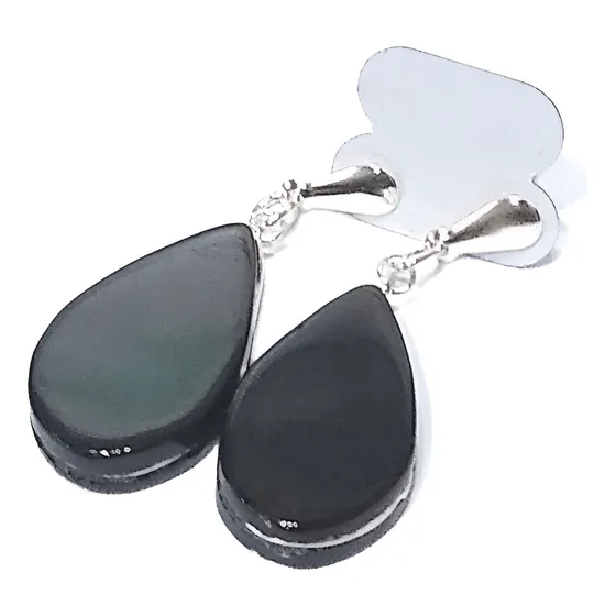 Brincos De Pedra Natural Ônix Negro 4cm Prateado P/ Proteção