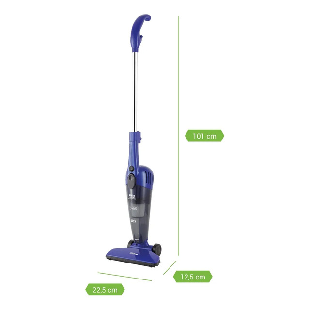 Aspirador de pó vertical Philco PH1100AZ na cor azul, exibindo suas dimensões de 101 cm de altura, 22,5 cm de largura e 12,5 cm de profundidade.