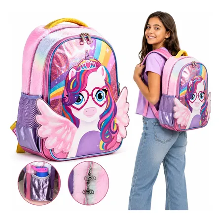 Mochila Unicórnio Menina Escola Passeio Recreio Rosa Pelúcia Rosa Unicórnio Pelúcia 3d