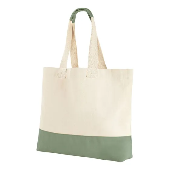 Bolsa Grande De Algodón Con Fuelle Y Asa, Ecológica, Tote Verde Musgo Liso Con Franja N/a Beige