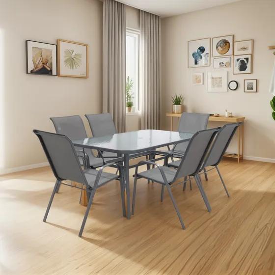 Set Comedor Exterior Mesa Vidrio + 6 Sillas Apilables Sling