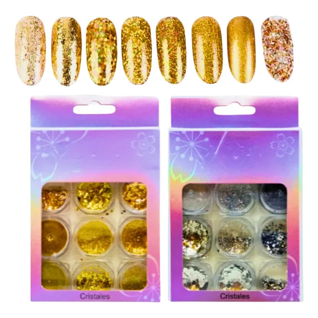 Kit Glitter Dourado E Prata Unha Nail Art Decoração 9 Potes
