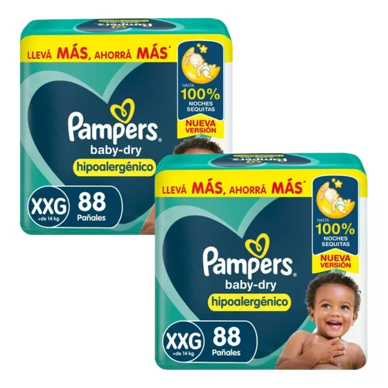 2 Pampers Baby-dry Hipoalergenico Xxg X88 Pack Mensual