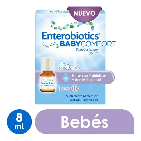 Enterobiotics Baby Comfort Suplemento Alimenticio BB-12 Frasco con 8 ml. Gotas de Probióticos y Aceite de Girasol para Bebés. 1 Vez al Día