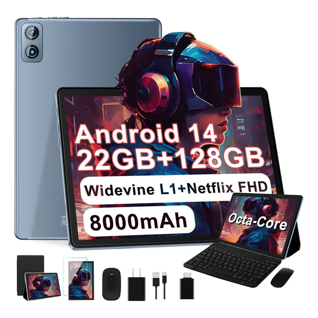 2025 Newest Tablet Android 14 10.1'' 22gb Ram Y 128gb Rom/tf 1tb Economicas 2.4g 5g Wifi 8000mah Octa-core 2.0 Ghz Widevine L1 Fhd Bt5.0 Certificación Google Widevine L1 Mouse Teclado Gris