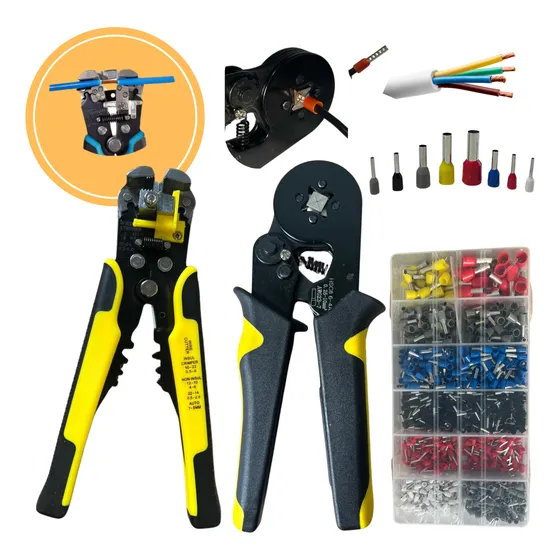 Kit Alicate Crimpar Descascador Com Terminais Ilhós Tubular