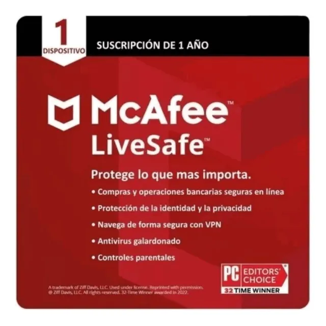 Antivirus Mcafee Livesafe 1 Dispositivo 1 Año Original*