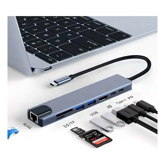 Hub Usb Tipo C 8 En 1 Lan Hdmi Usb 3.0 Sd Tf Laptop Celular Color Plateado | Cuotas sin interés