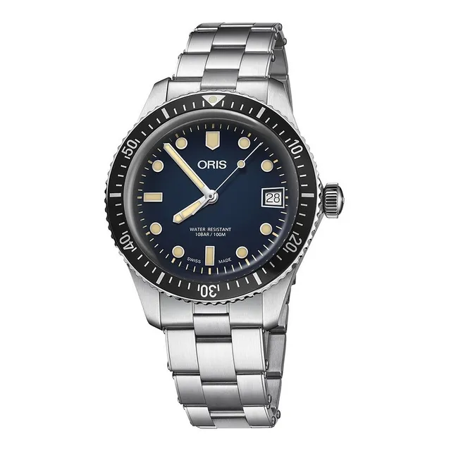 Reloj Oris Divers Sixty-five Superluminovas 73377474055 Correa Plateado Bisel Negro Fondo Azul