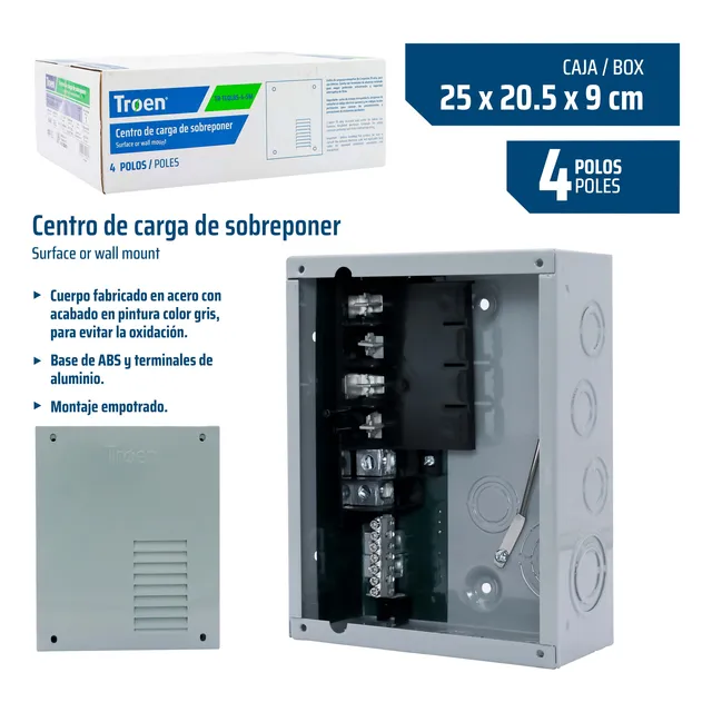 Panel Electrico De Sobreponer Centro De Carga 4 Polos Troen.