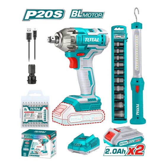 Kit Llave de Impacto 20v Lampara Dados y Puntas Total Color Turquesa 220v TOSLI231004