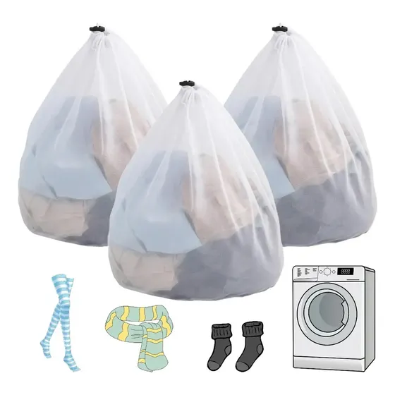 Bolsa De Lavandería De Malla Con Cordón Para Ropa Delicada, Lavadora, Viajes, Universidad, Ropa Sucia/red De Gran Tamaño, Resistente, Reutilizable, Plegable, Ropa, Blanco, 60cm X 50cm, Paquete De 3pcs