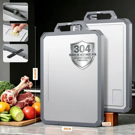 Tábua De Corte Dupla Face De Aço Inox E Pp Antiderrapante Com Afiador Para Cozinha Utensílios De Cozinha Prateado