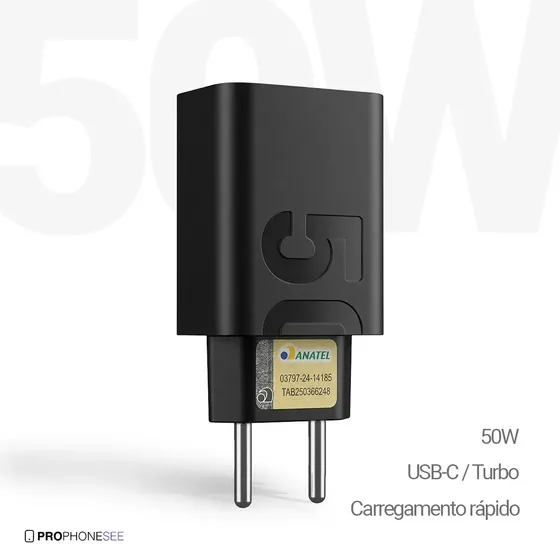 Carregador Turbo Portátil 50w Compatível Com Motorola Xiaomi Redmi Poco Iphone Samsung M22 M31 M32 M62 M63 M64 G15 15 16 17 S20 S21 S23 S24 S25 A15 A54 Cabo Celular Usb Tipo C usbc Rápido Preto