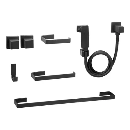 Kit De Acessórios Para Banheiro Quadrado 7 Peças Preto Luxo