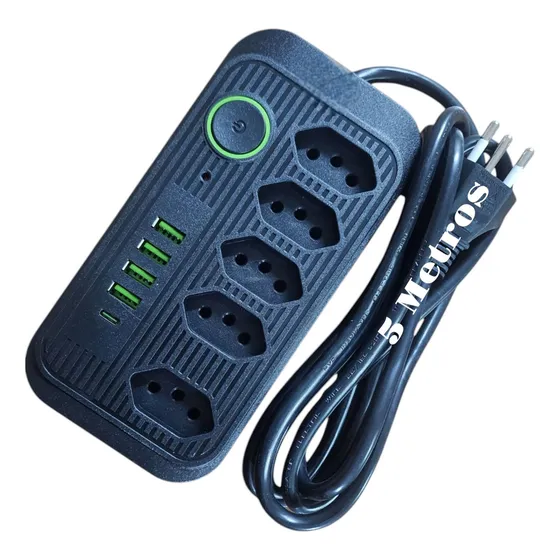 Extensão Prime Cabo De 5 Metros 10a 5 Tomadas 4 Usb + Tipo C Cor Preto 127/220v