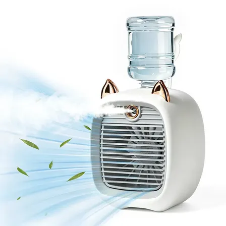 Ventilador portátil mini recarregável em cinza, equipado com sistema de atomização, luz LED noturna, 3 velocidade e design silencioso, ideal para uso na mesa ou durante acampamento