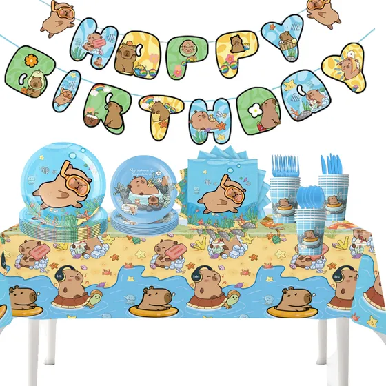 Kit 92 Desechables Vajilla Capibara Cumpleaño Fiestas Platos