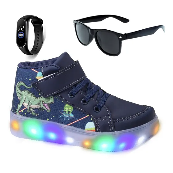 Tênis Botinha De Led Masculino Dinossauro Luzinha + Relógio