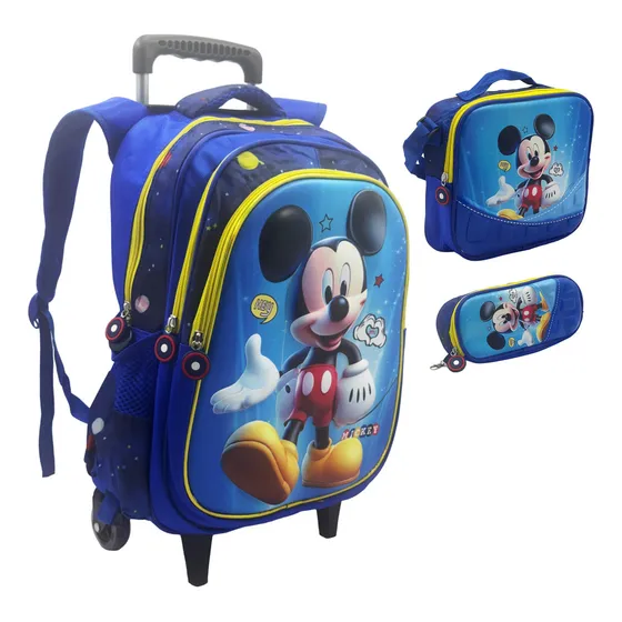 Kit Mochila 3d Rodinhas Estojo Lancheira Escolar Mikey